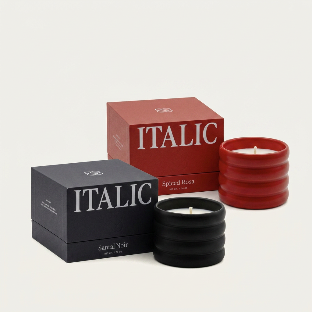 2-pack soy wax ceramic candles: red Spiced Rosa and black Santal Noir with boxes