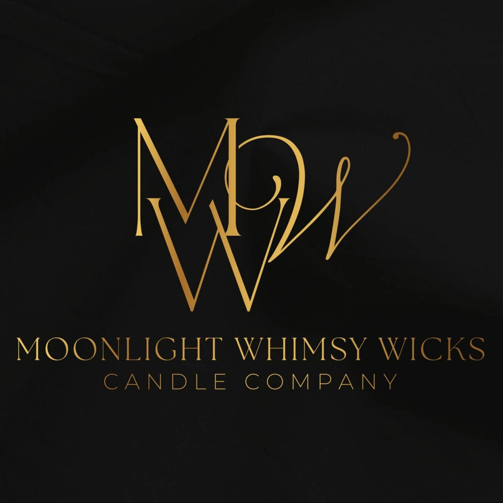 Moonlight Whimsy Wicks Candle Company card, black with gold logo and text