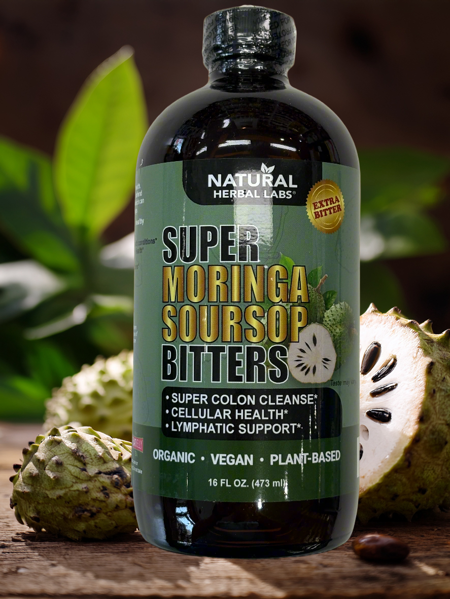 Dark glass supplement bottle with green-and-black label reading "Super Moringa Soursop"