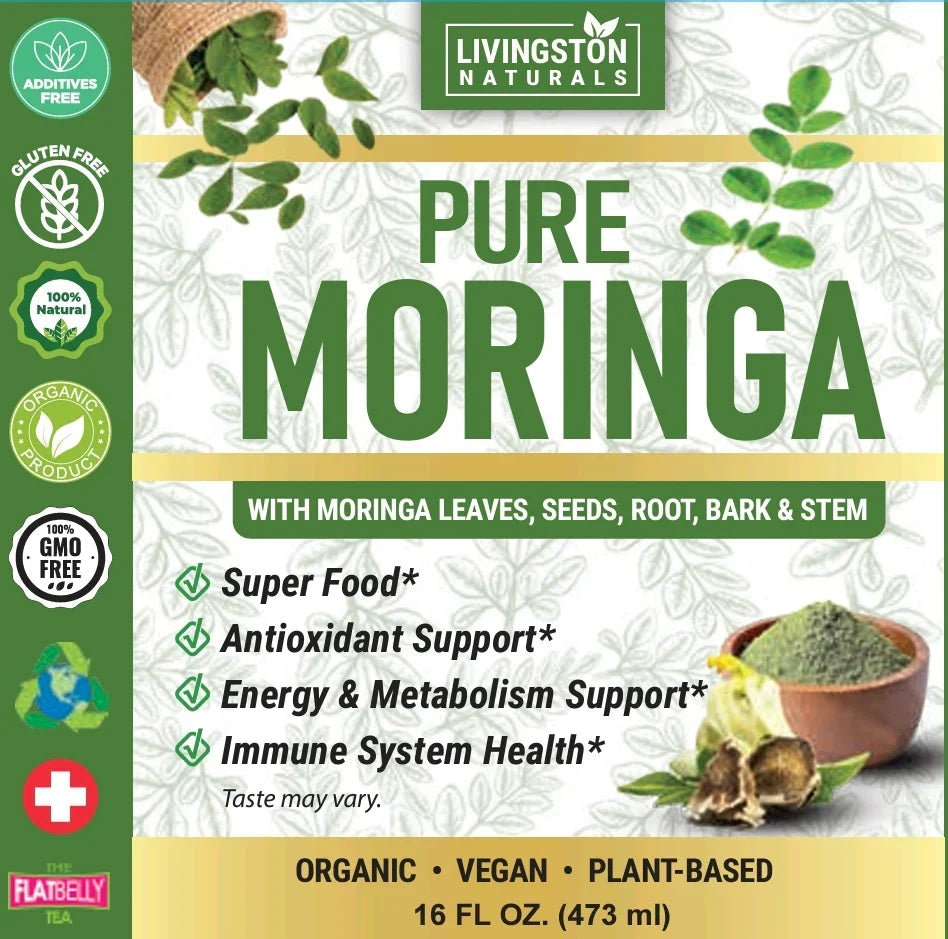Pure moringa extract label graphic with leaf illustrations and 16 fl oz size