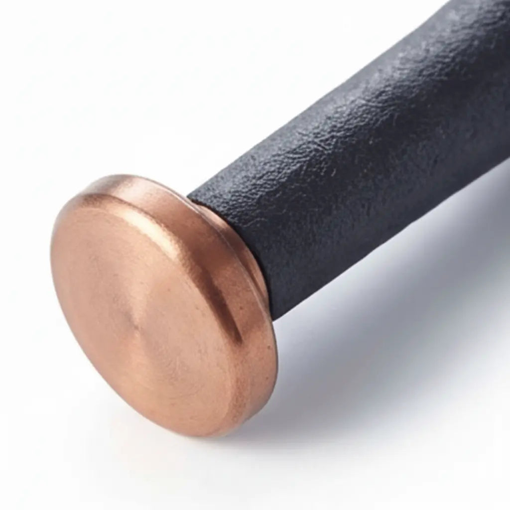 Copper-toned pestle head with black grip for cast iron mortar