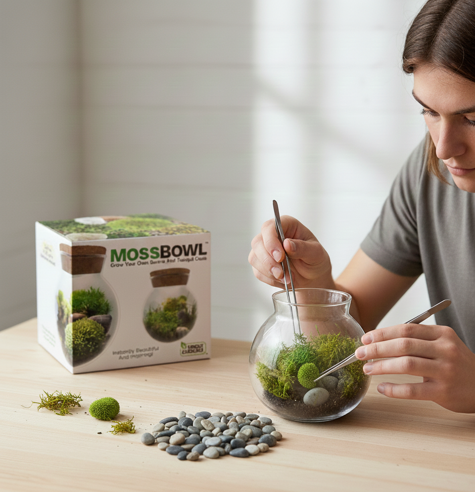 MossBowl moss garden kit with glass terrarium being arranged using tools