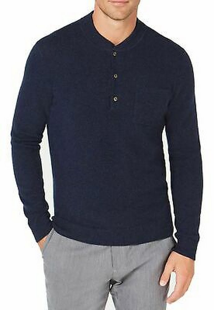 Men's cashmere henley sweater in dark navy with 3-button placket