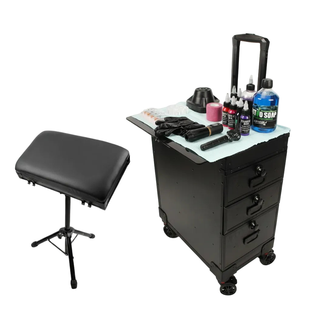 Black rolling tattoo supply suitcase with open top work surface and folding stool