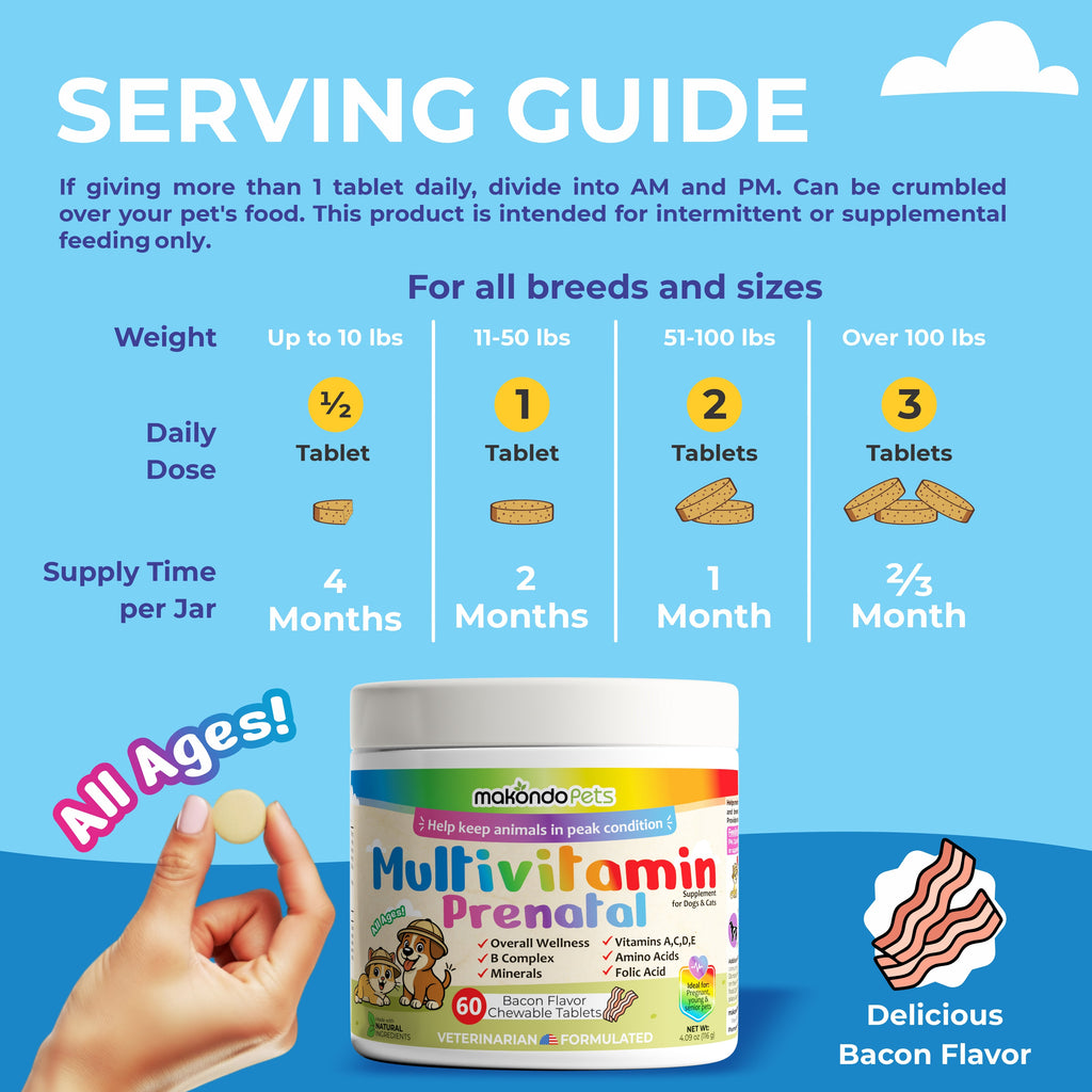 Prenatal multivitamin serving guide featuring bottle, 60 bacon-flavored chewables