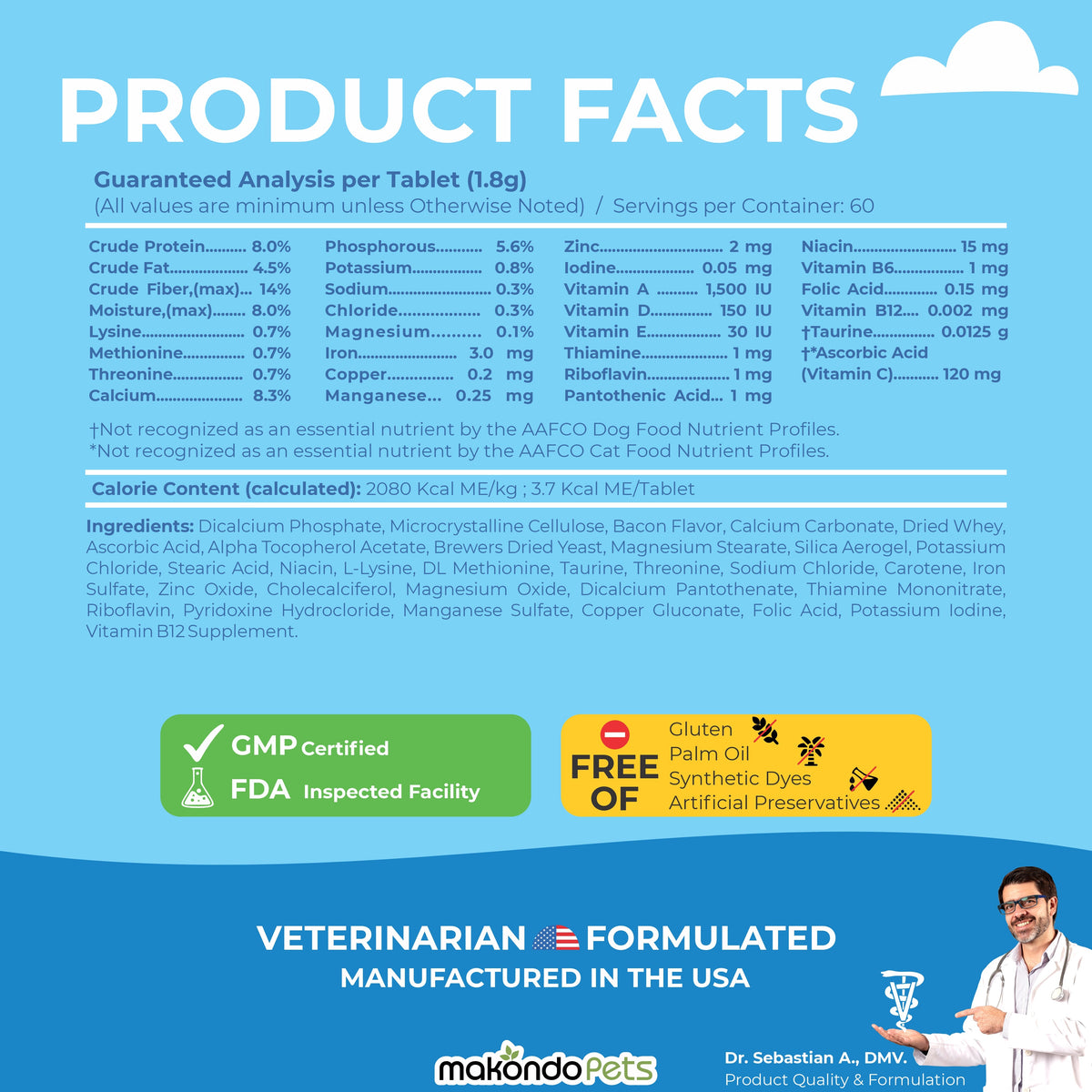 Prenatal multivitamin product facts panel for 60 chewable tablets