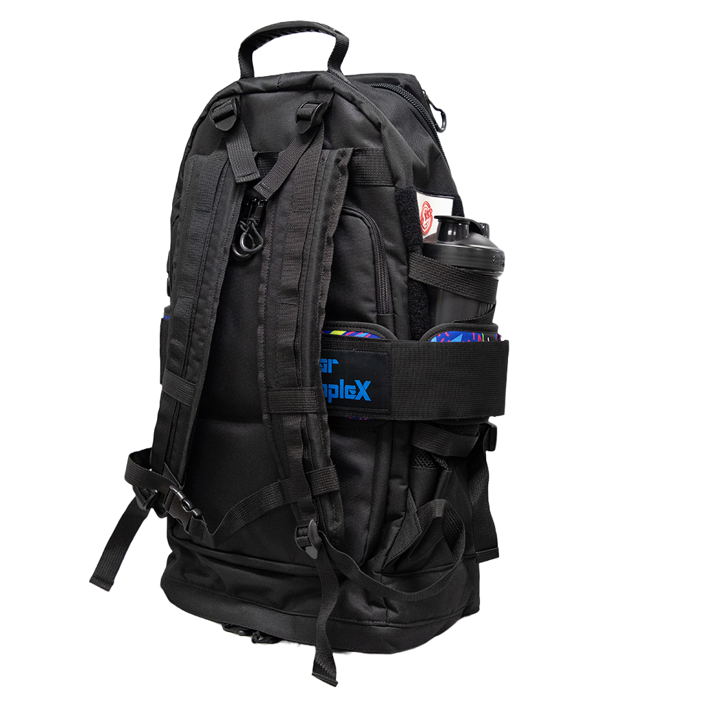 Black tactical backpack side view with multiple straps and front accessory pouch