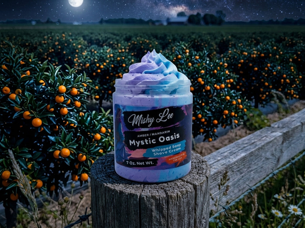 Whipped shave cream jar with purple and blue swirl on a wooden stump.