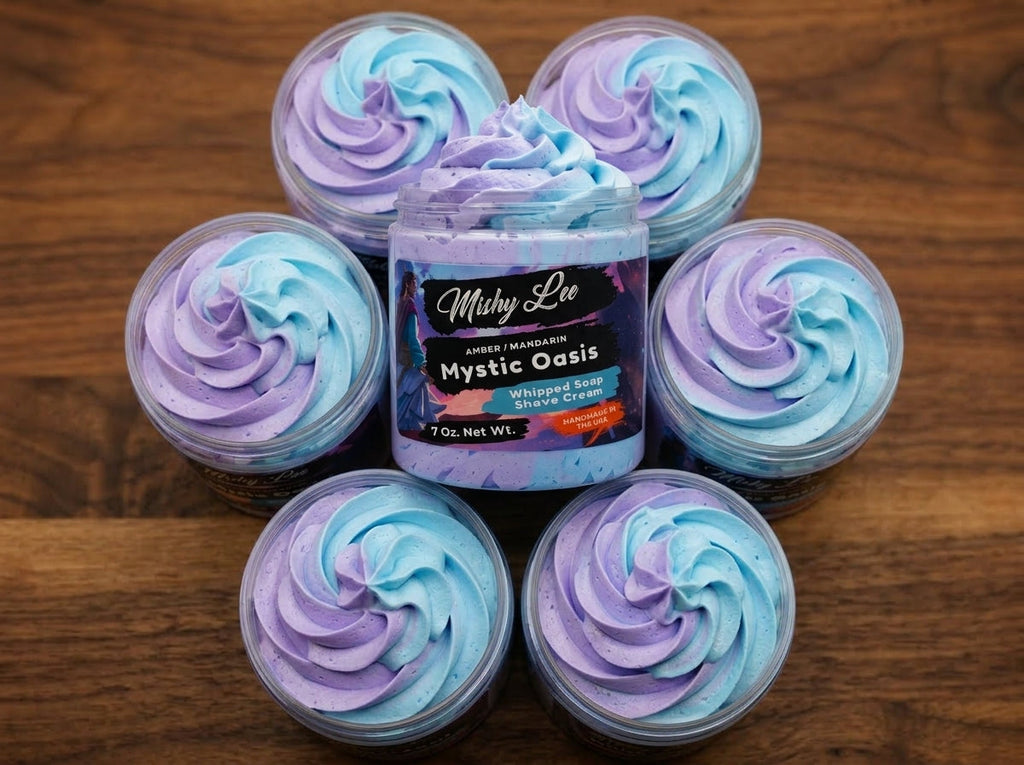 Multiple whipped shave cream jars with purple and blue swirl foam, central jar.