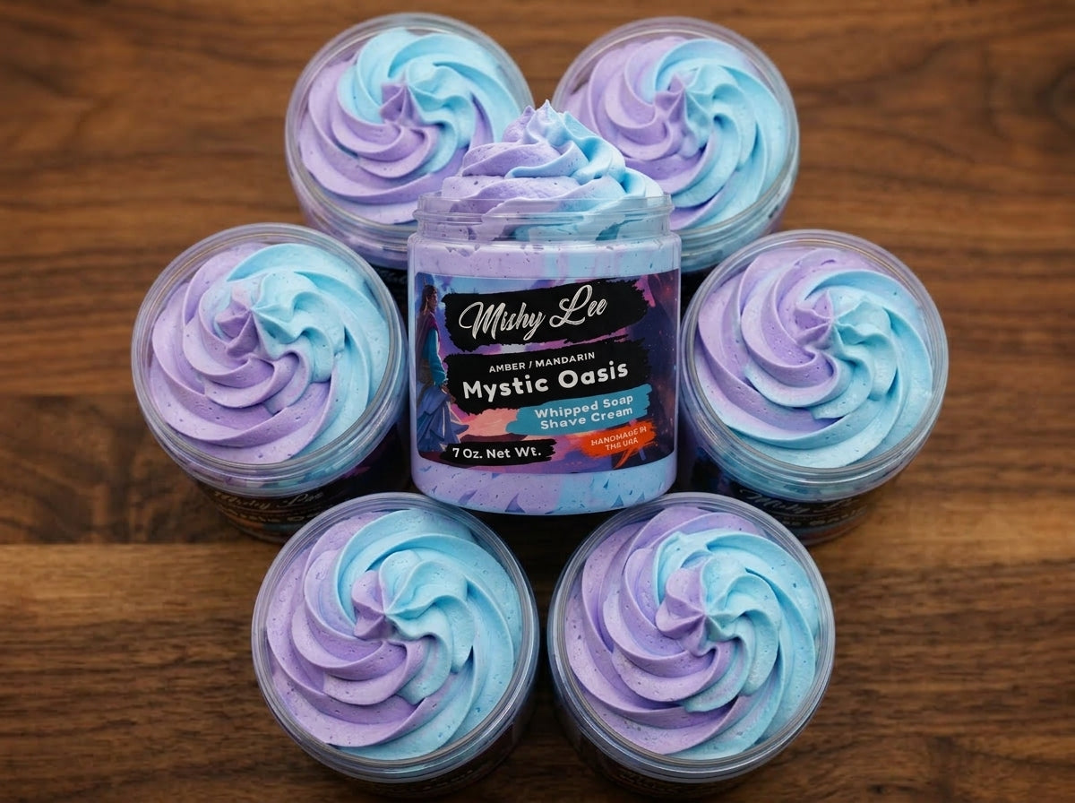 Multiple whipped shave cream jars with purple and blue swirl foam, central jar.