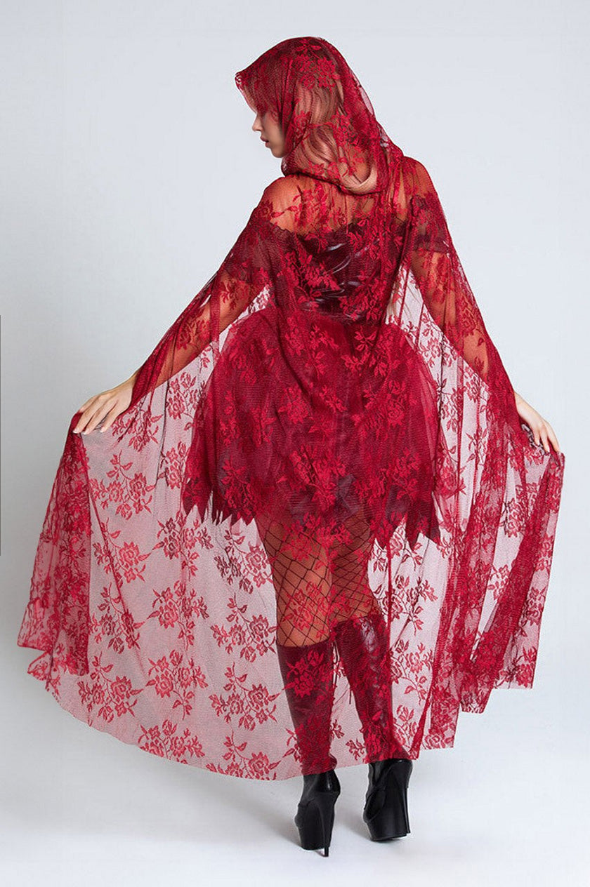 Red hooded cape costume with black mesh bodice, red layered skirt, fishnet tights, boots