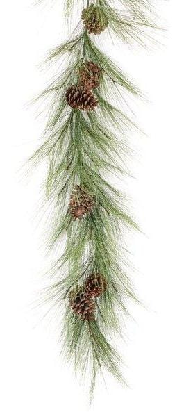 Faux pine garland close-up with long green needles and brown pinecones