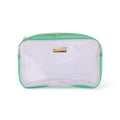 Colorblock jelly pouch with clear front, green trim, pink zipper, and gold logo patch