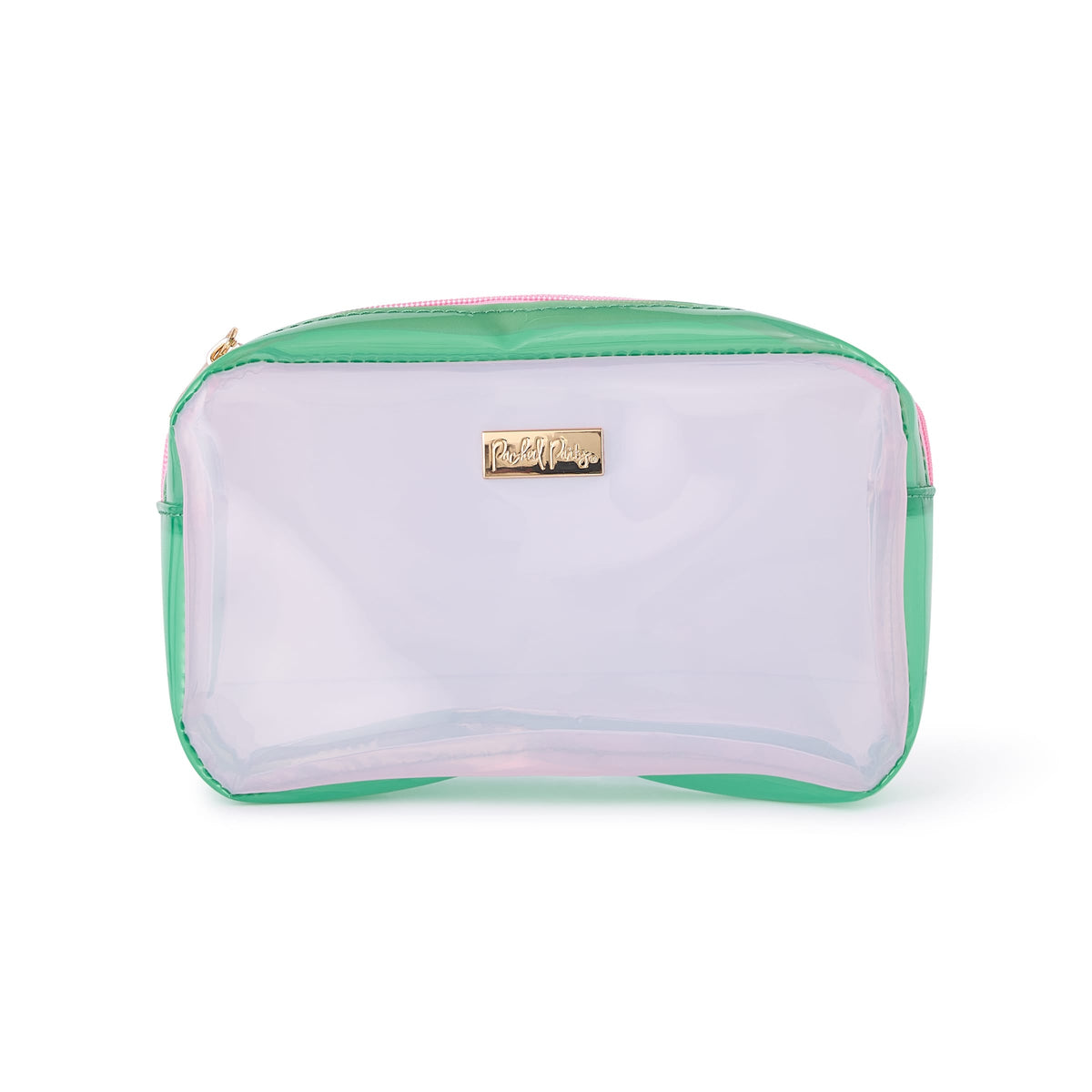 Colorblock jelly pouch with clear front, green trim, pink zipper, and gold logo patch