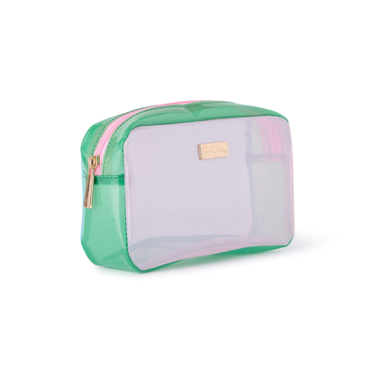 Colorblock jelly pouch angled view with clear front, green trim, and gold logo patch