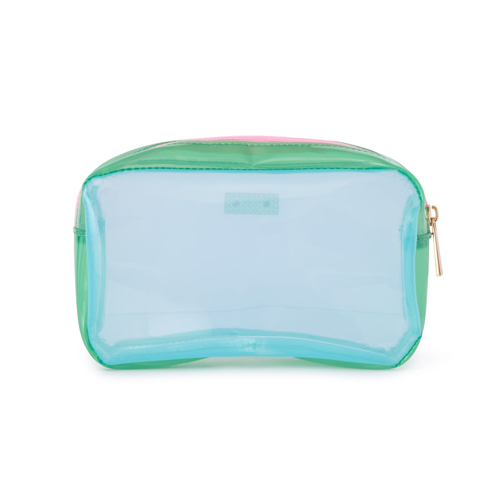 Colorblock jelly pouch front view with clear center, green trim, and gold logo