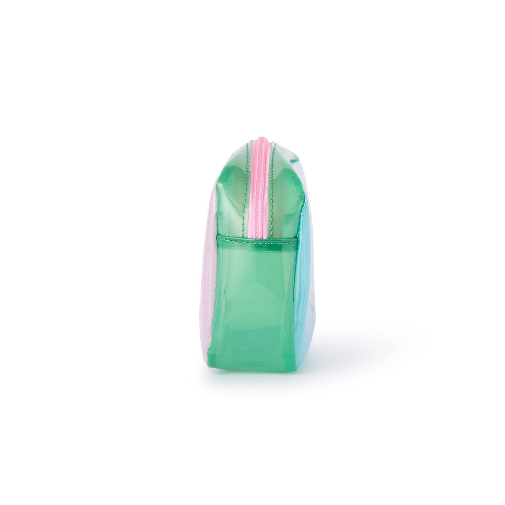 Colorblock jelly pouch side view with clear panel and green body with pink zipper