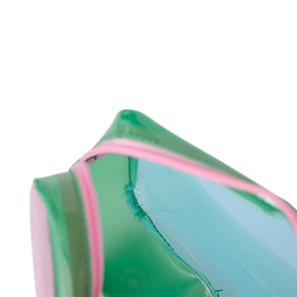 Colorblock jelly pouch corner detail with green side panel and pink zipper trim