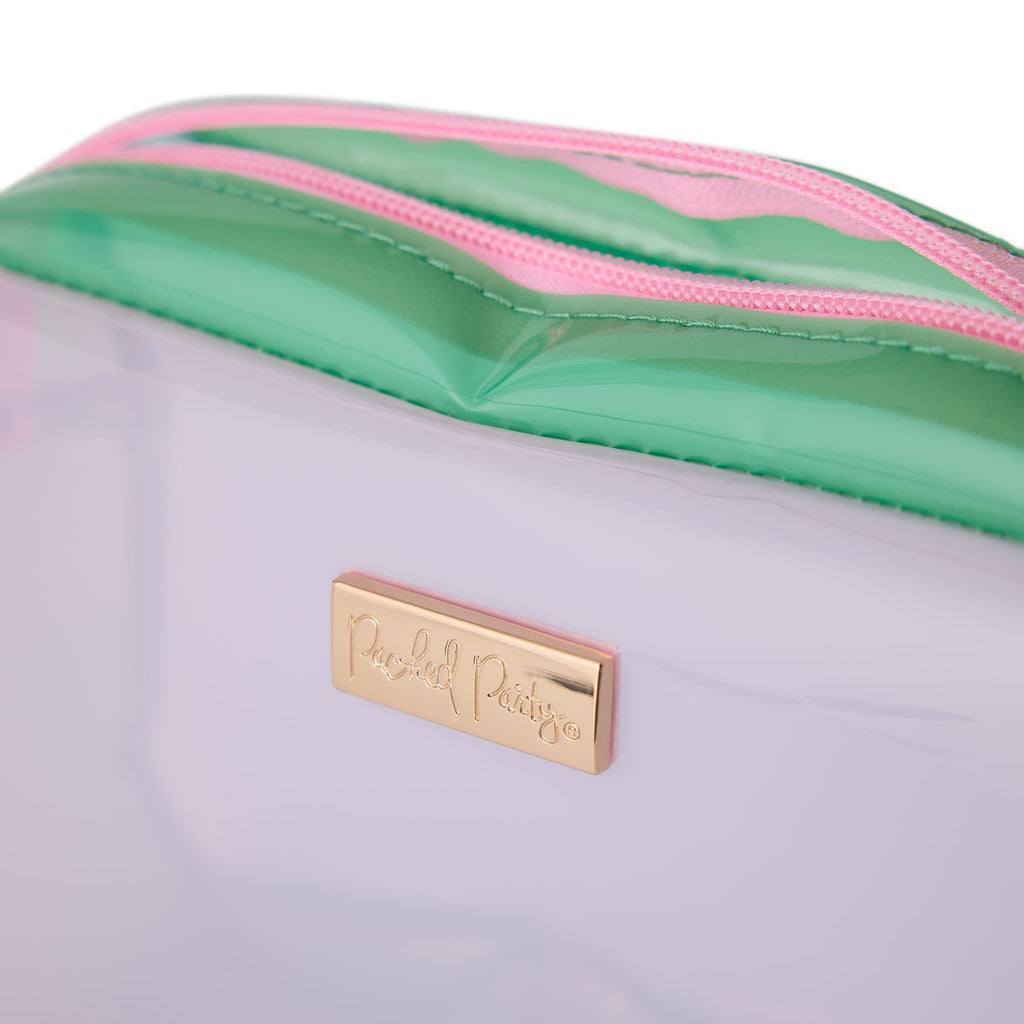 Colorblock jelly pouch top view with clear front, green edging, pink zipper stripe