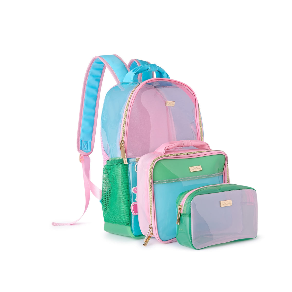Aqua, green, and pink clear jelly backpack with three see-through compartments