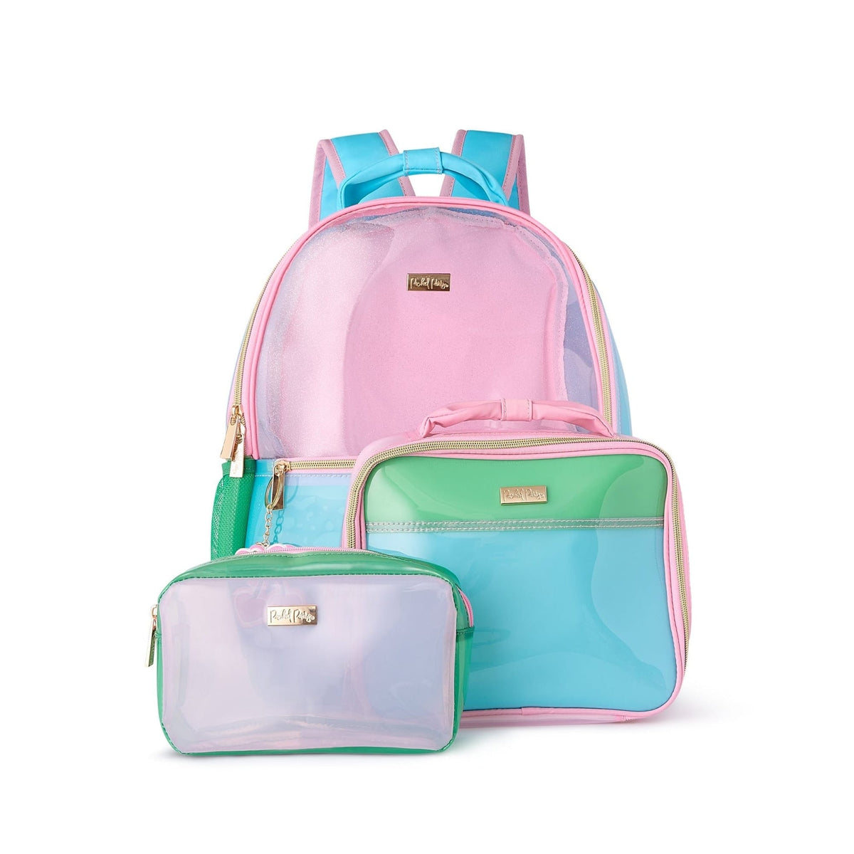 Pink-and-aqua clear jelly backpack with matching front and small pouch organizers