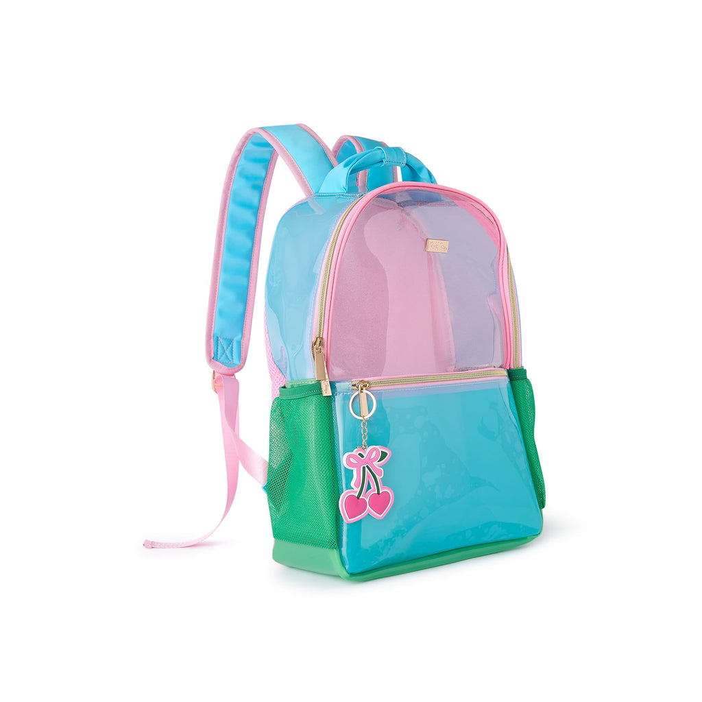 Front view clear jelly color block backpack with pink top, teal body, and green pocket