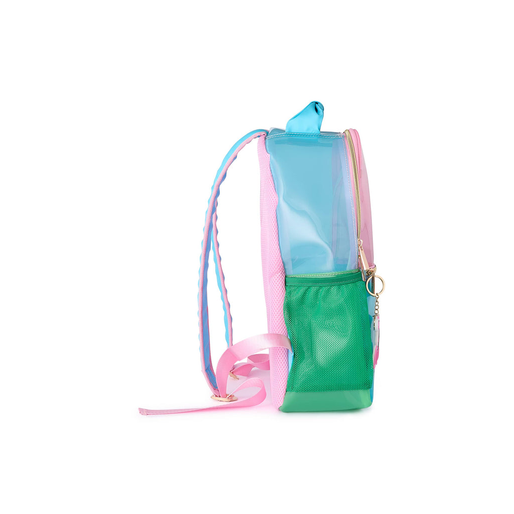 Side view clear jelly backpack in teal, pink, and green with front zip pocket