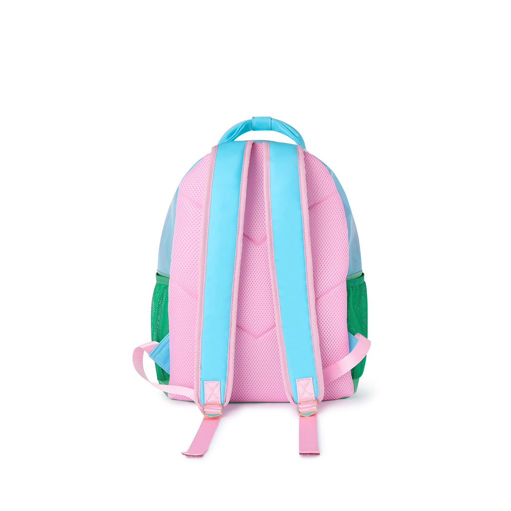 Back view clear jelly backpack with pink-and-teal mesh panel and padded shoulder straps