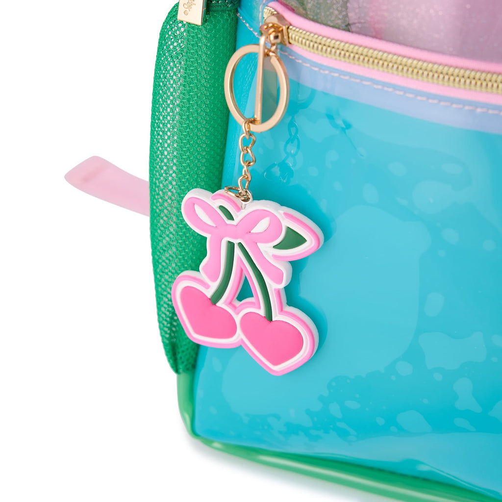 Teal clear front section with pink heart bow keychain charm and gold zipper detail