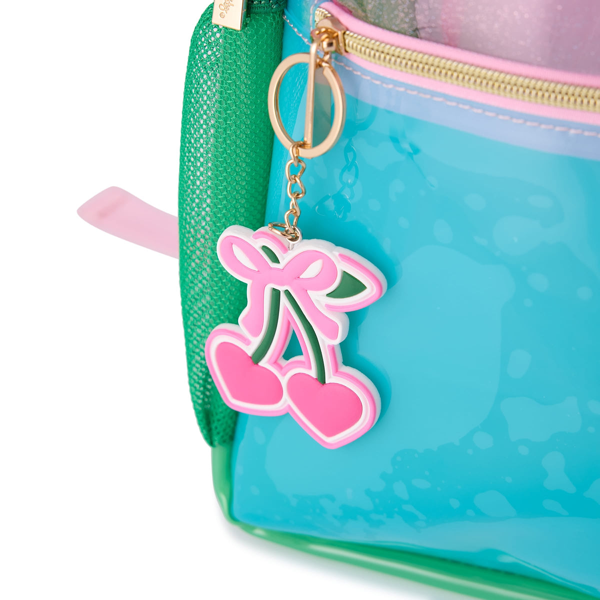 Teal clear front section with pink heart bow keychain charm and gold zipper detail