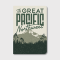 PNW notebook with green mountain and evergreen illustrated cover