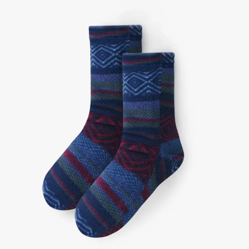 Pair of kids' fleece socks, navy with Nordic diamond and stripe design