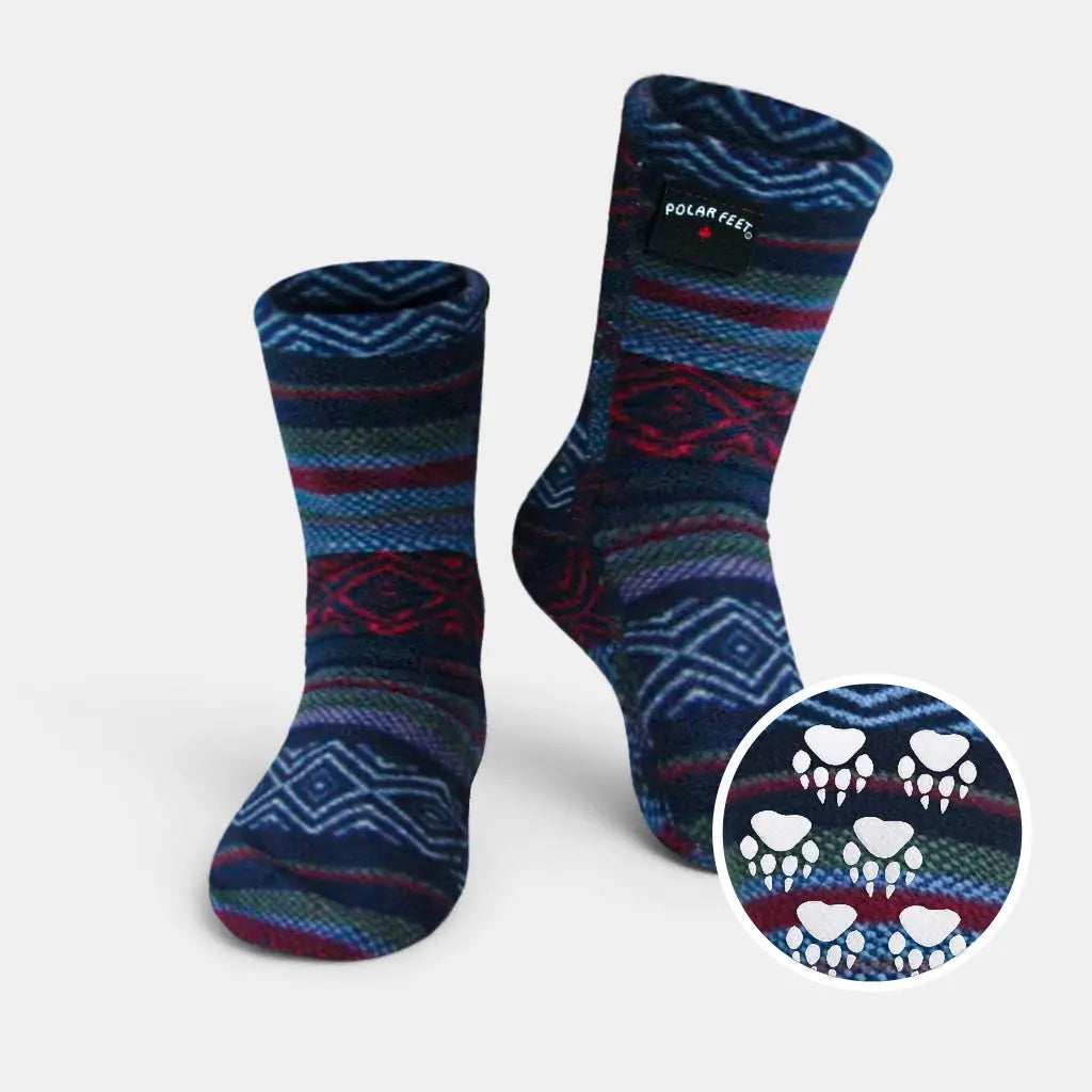 Dark blue crew fleece socks with geometric pattern and grippy paw design