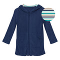 Hooded terry zip-front after-swim robe in dark blue with front pockets
