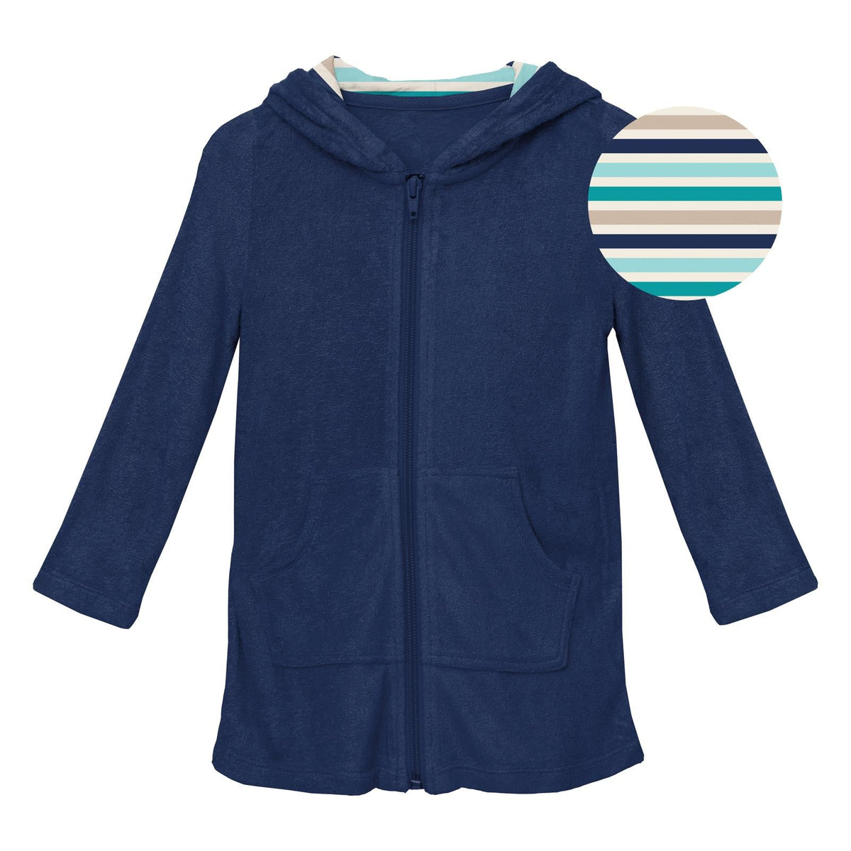 Hooded terry zip-front after-swim robe in dark blue with front pockets