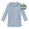 Light blue terry zip-front hooded robe with front pockets