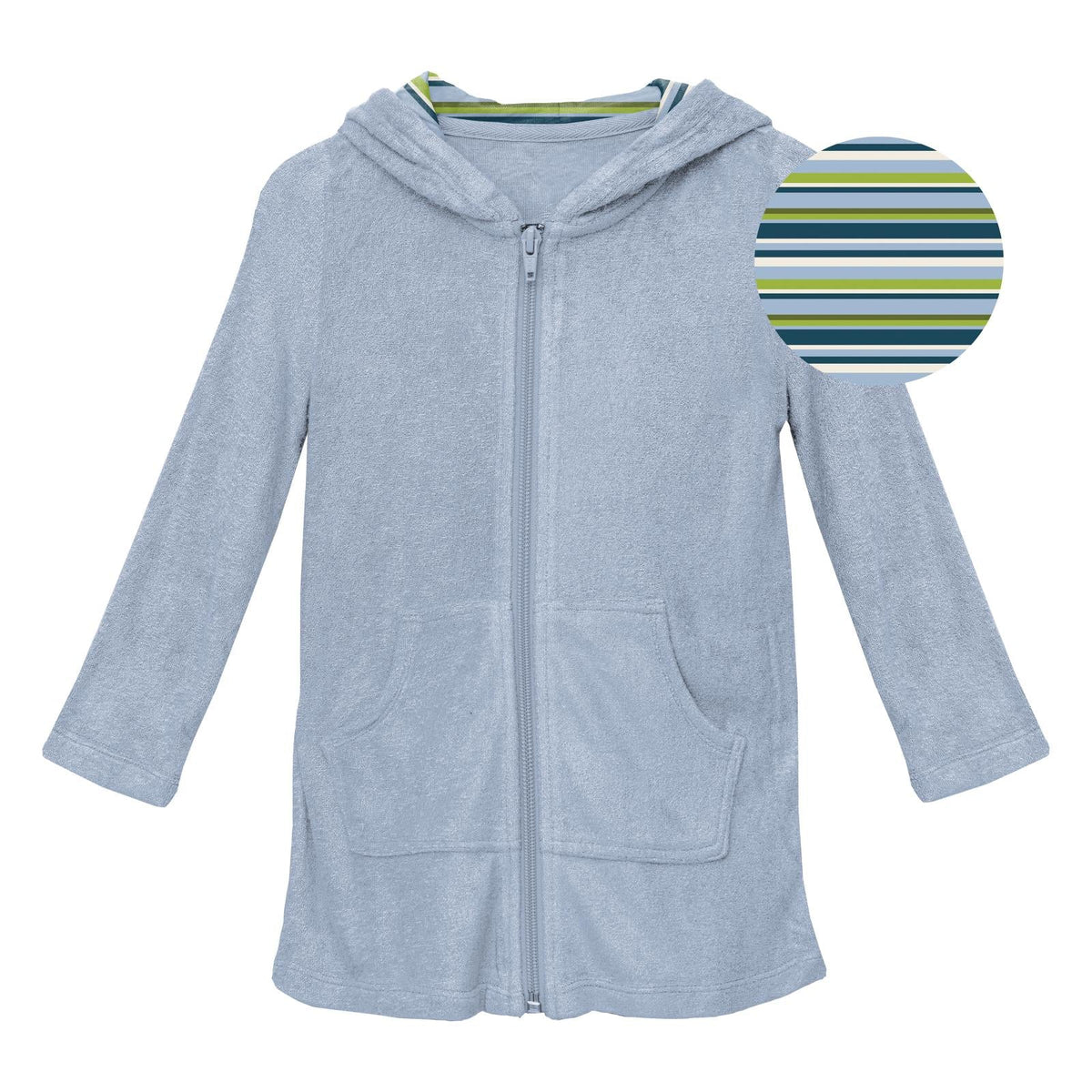 Light blue terry zip-front hooded robe with front pockets