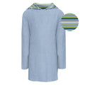 Light blue terry pullover swim robe with hood and striped collar lining