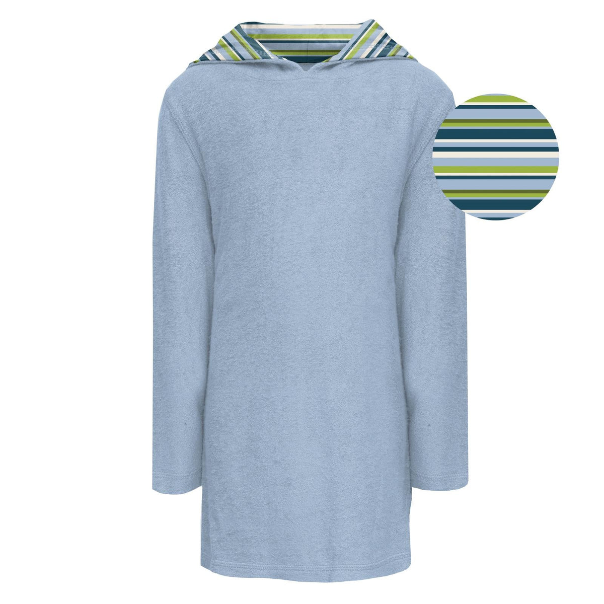 Light blue terry pullover swim robe with hood and striped collar lining