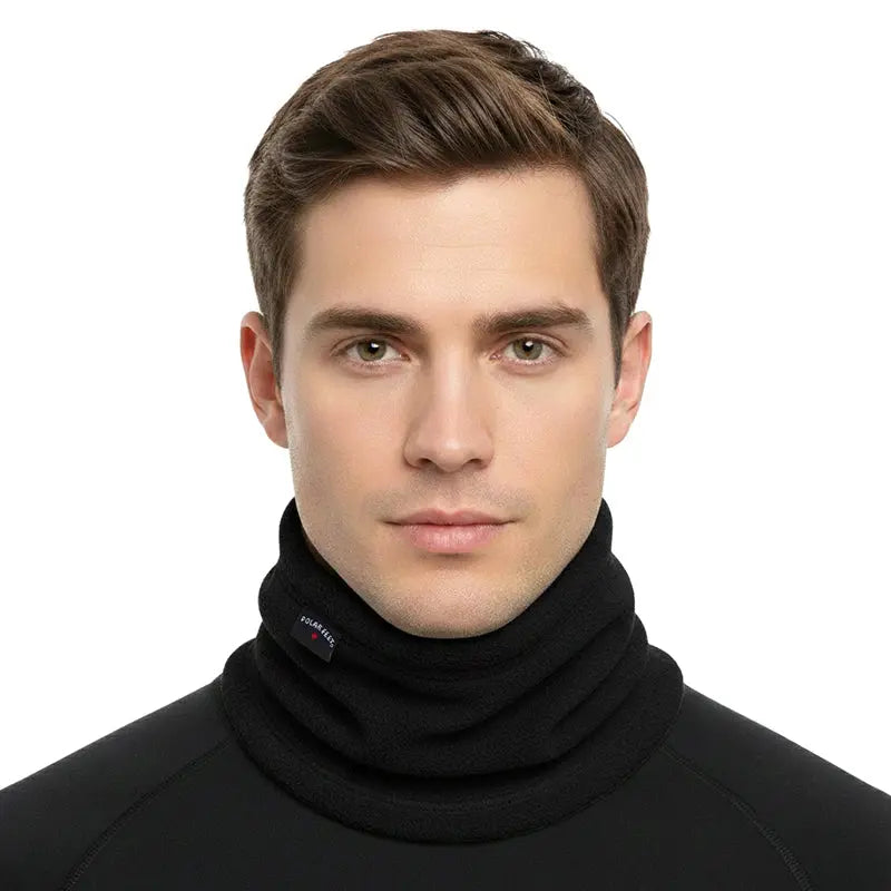 Fleece neck warmer in solid black, worn around the neck as a cozy loop.