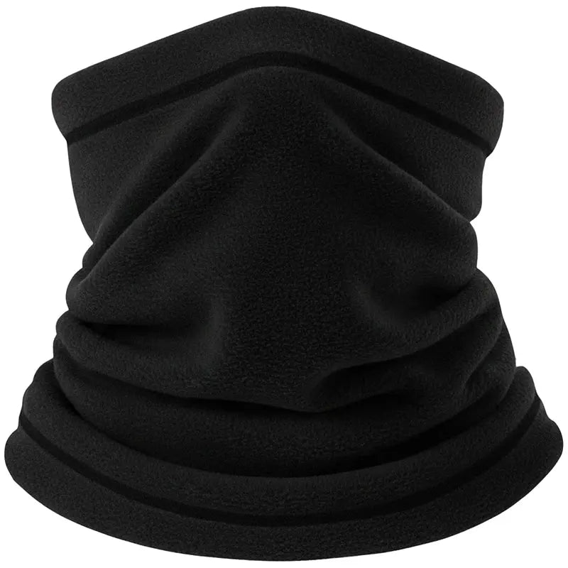 Unisex fleece neck warmer in solid black, gathered folds and looped design.