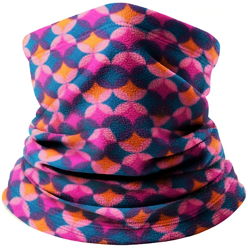 Fleece neck warmer in multicolor with repeating geometric shapes, cozy loop design