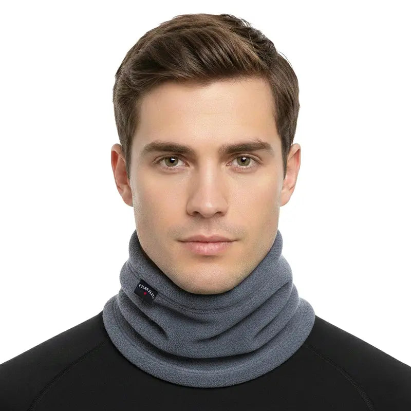 Fleece neck warmer in heather gray, worn around the neck as a soft loop.