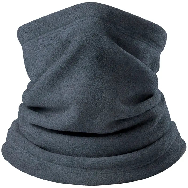 Unisex fleece neck warmer in heather gray, gathered folds and looped shape.