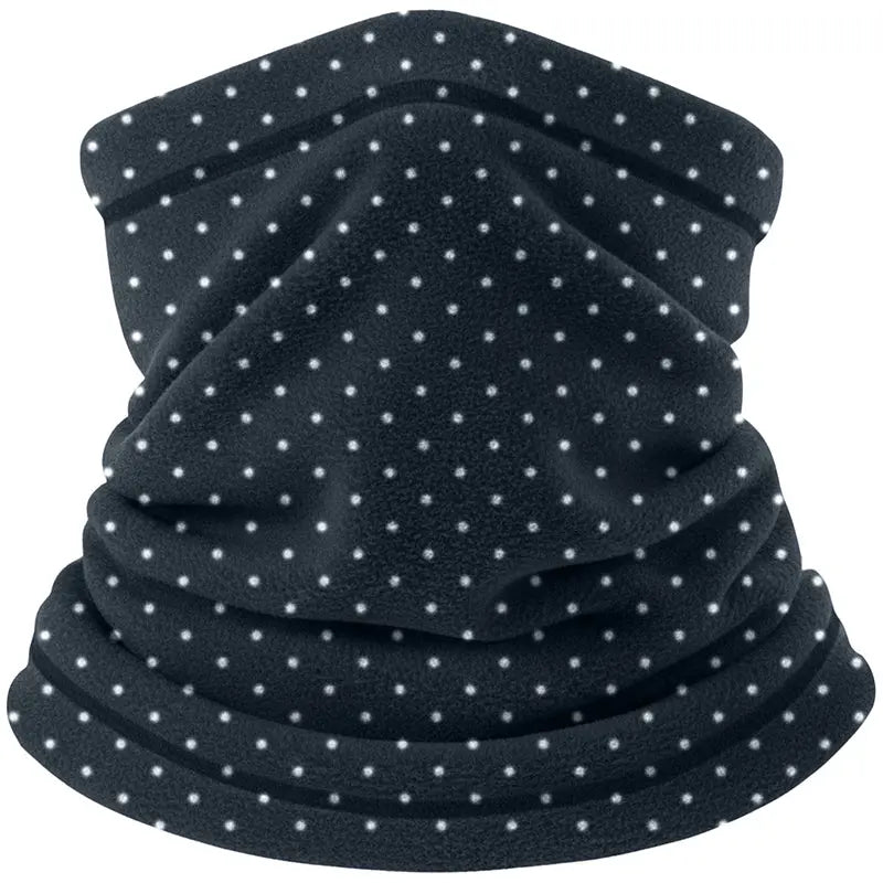Unisex fleece neck warmer in dark navy with small white dot pattern, loop style.