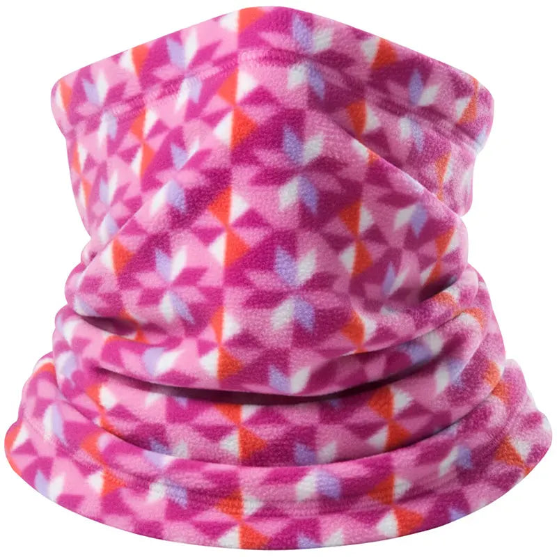 Fleece neck warmer in pink with geometric triangle pattern, warm loop collar