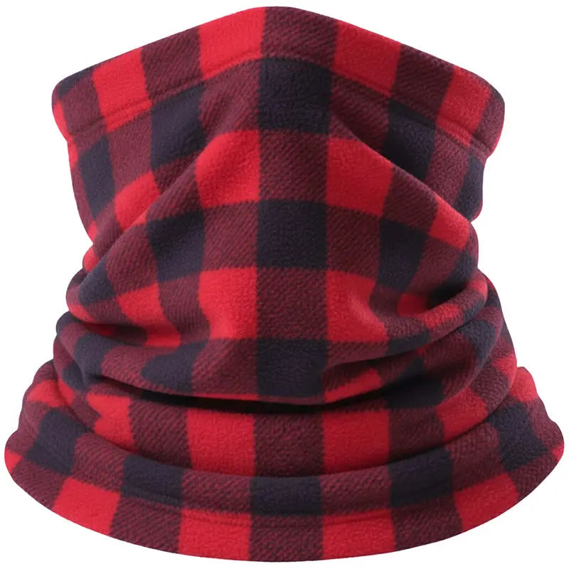 Unisex fleece neck warmer in red and black buffalo plaid with looped folds.