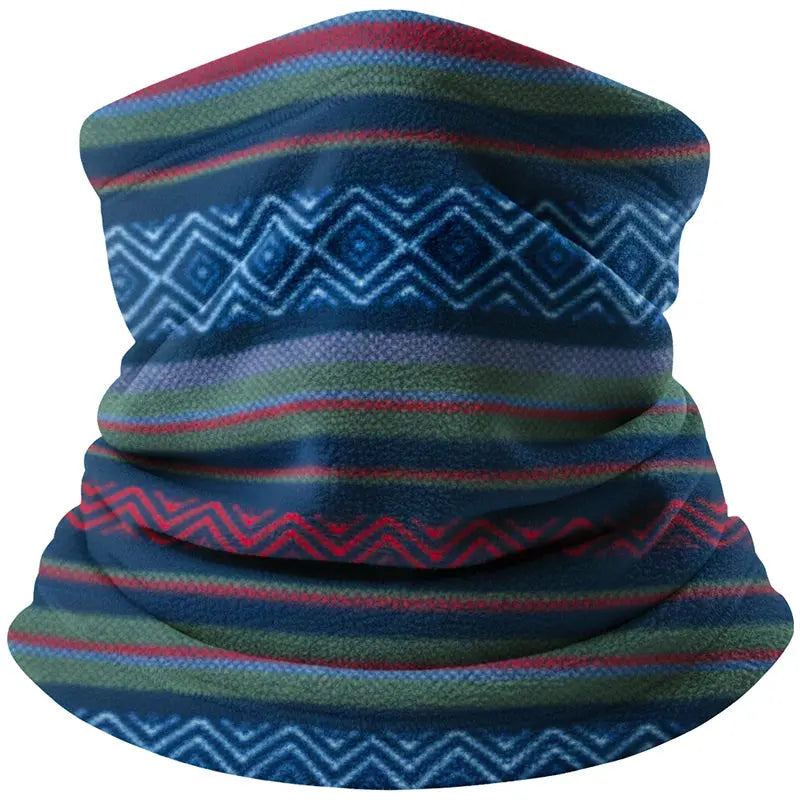 Unisex fleece neck warmer in blue with zigzag and stripe pattern, looped design.