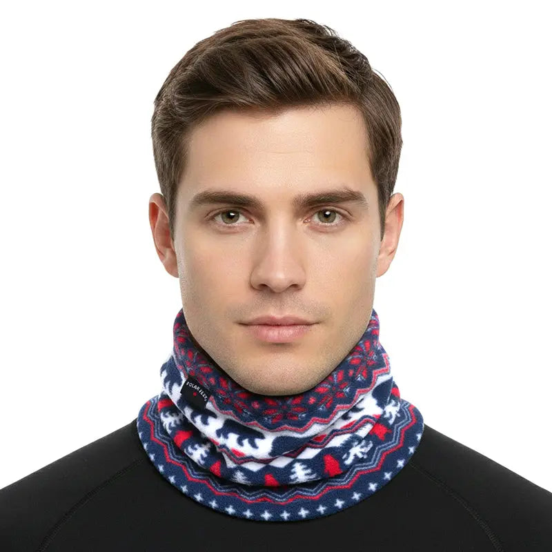 Fleece neck warmer on model: navy fair isle pattern with red and white trims