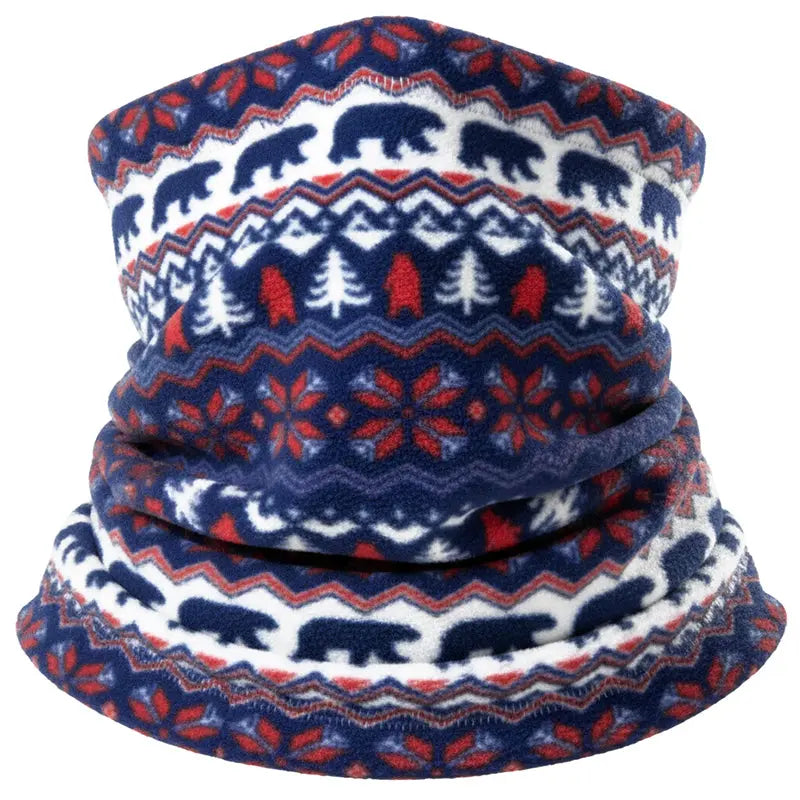 Fleece neck warmer in navy with red and white winter fair isle pattern